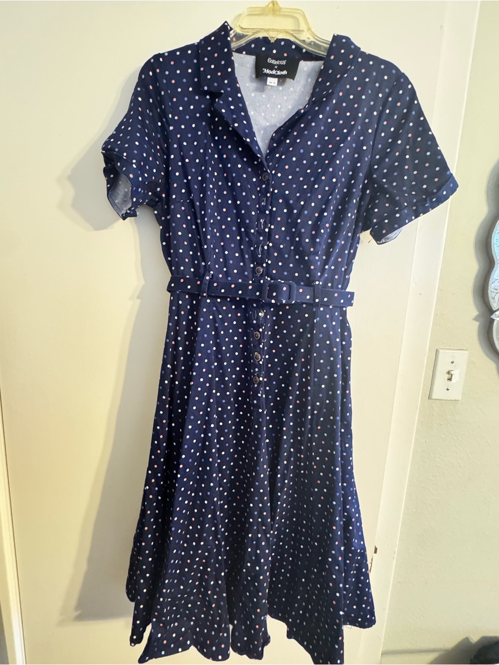Collectif x ModCloth Navy Polka Dot Belted Button-Front Dress